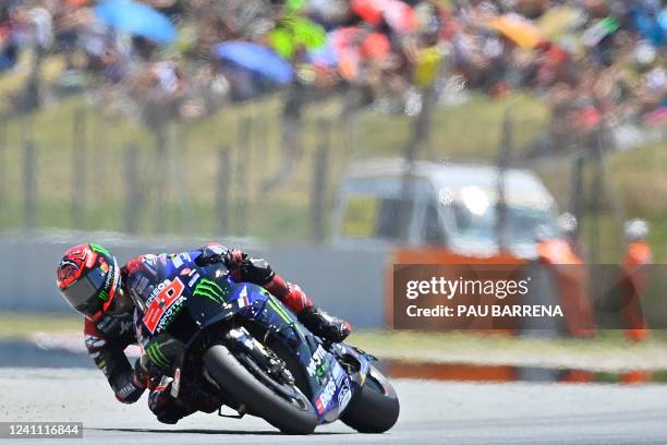 Yamaha French rider Fabio Quartararo competes during the Moto Grand Prix de Catalunya at the Circuit de Catalunya on June 5, 2022 in Montmelo on the...