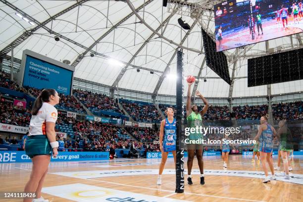 Jhaniele Fowler of West Coast Fever shoots for goal during the Suncorp Super Netball match between the NSW Swifts and West Coast Fever on June 05,...