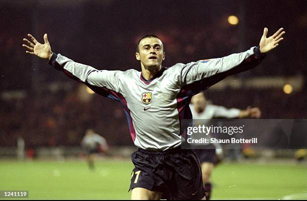 Luis Enrique of Barcelona celebrates his 15th minute goal during the Champions League Group B match against Arsenal played at Wembley Stadium,...