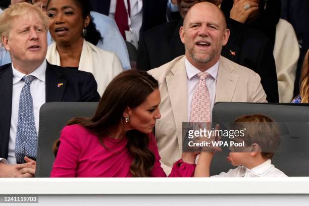 Prime Minister Boris Johnson, Mike Tindall and Catherine, Duchess of Cambridge and Prince Louis of Cambridge attend the Platinum Pageant on June 05,...