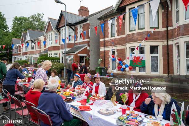 General view of a street party on Melbourne Road in Llanishen on June 5, 2022 in Cardiff, Wales. The Platinum Jubilee of Elizabeth II is being...