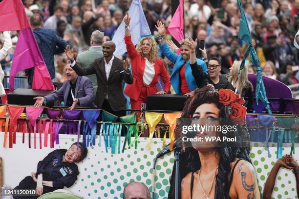 Chris McCausland, Sir Mo Farah, Sally Gunnell, Dame Kelly Holmes and Gok Wan take part in the Platinum Jubilee Pageant in front of Buckingham Palace,...