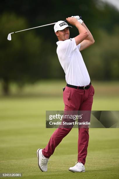 Victor Perez of France plays his second shot at the 16th hole during Day Four of the Porsche European Open at Green Eagle Golf Course on June 5, 2022...