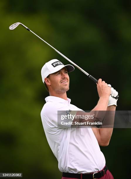 Victor Perez of France plays his third shot to the 18th hole during Day Four of the Porsche European Open at Green Eagle Golf Course on June 5, 2022...