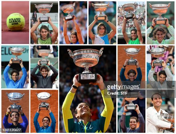 This combination of file pictures created on June 5, 2022 shows Spanish Rafael Nadal holding the trophy, the Mousquetaires Cup after his 14 victories...