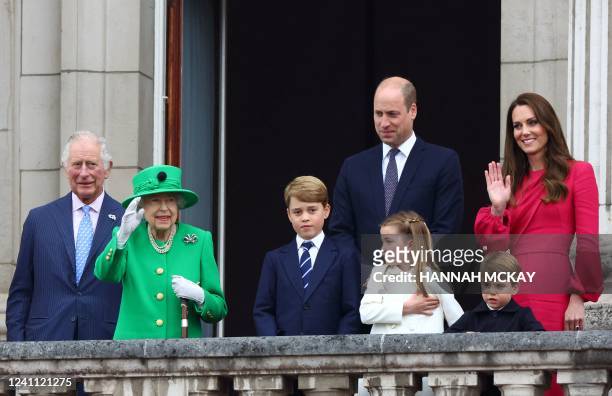 Britain's Queen Elizabeth II stands on Buckingham Palace balcony with Britain's Prince Charles, Prince of Wales, Britain's Prince George of...