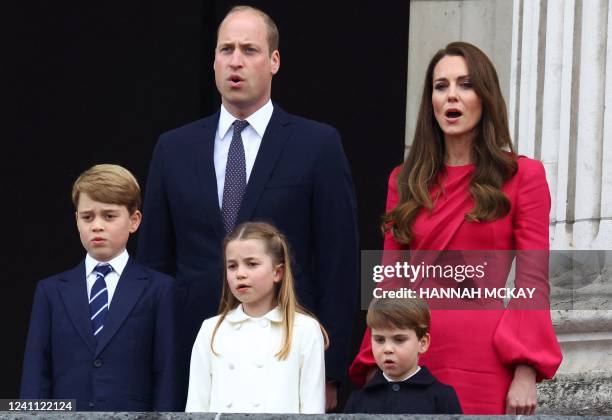 Britain's Prince George of Cambridge, Britain's Princess Charlotte of Cambridge and Britain's Lady Louise Windsor Britain's Prince William, Duke of...