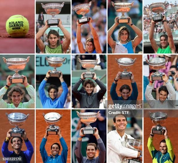 This combination of file pictures created on June 5, 2022 shows Spanish Rafael Nadal holding the Mousquetaires Cup after his 14 victories at the...