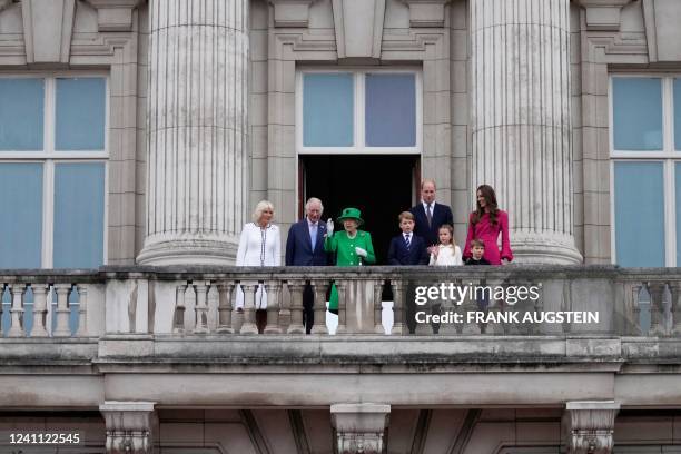 Britain's Queen Elizabeth II stands on Buckingham Palace balcony with Britain's Camilla, Duchess of Cornwall, Britain's Prince Charles, Prince of...