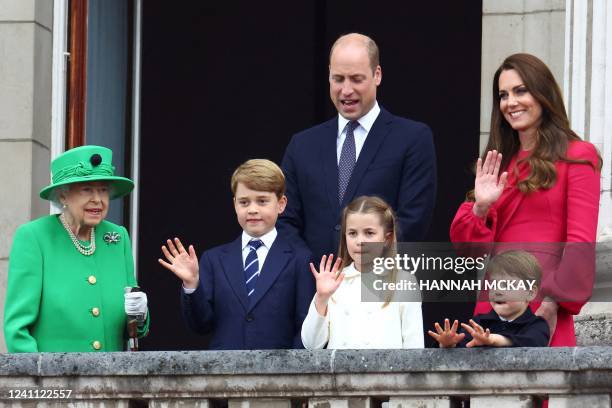 Britain's Queen Elizabeth II looks at Britain's Prince George of Cambridge, Britain's Princess Charlotte of Cambridge, Britain's Prince Louis of...