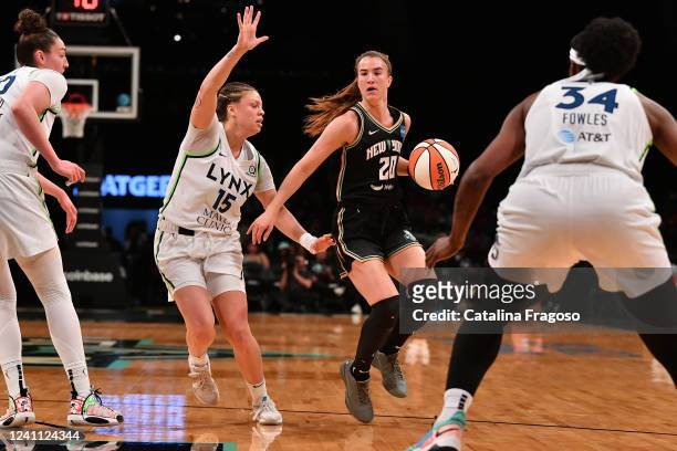 Sabrina Ionescu of the New York Liberty handles the ball /during the game against the Minnesota Lynx on June 5, 2022 at the Barclays Center in...