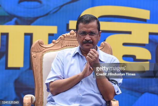 Delhi CM Arvind Kejriwal during a protest against the Centre amid a spurt in targeted killings of Kashmiri Pandits in Jammu and Kashmir, at Jantar...
