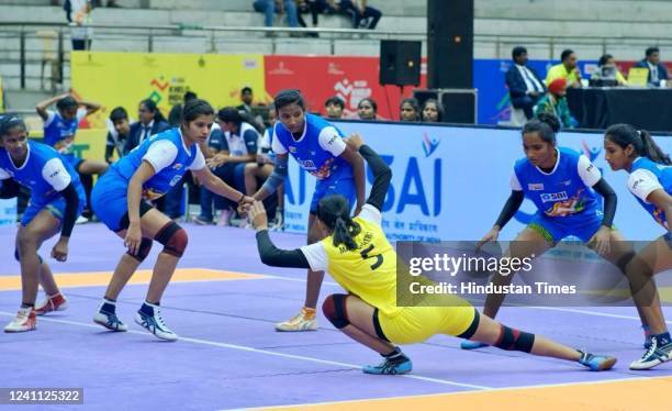 Players in action during a kabaddi match between Andhra Pradesh and Maharashtra, during Khelo India at Tau Devi Lal Stadium on June 5, 2022 in...