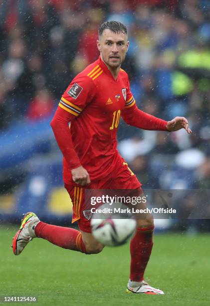 Aaron Ramsey of Wales during the FIFA World Cup qualifying match between Wales and Ukraine at Cardiff City Stadium on June 5, 2022 in Cardiff, Wales.