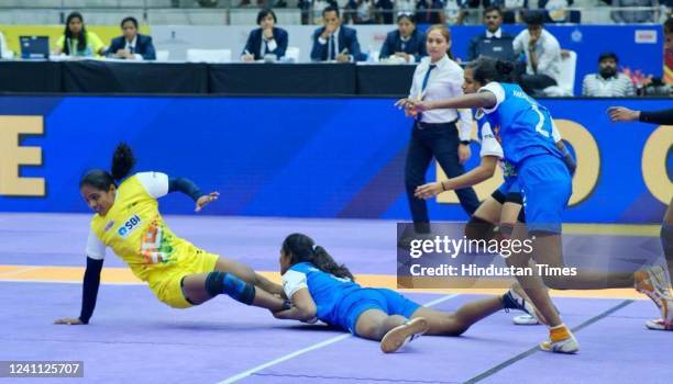 Players in action during a kabaddi match between Andhra Pradesh and Maharashtra, during Khelo India at Tau Devi Lal Stadium on June 5, 2022 in...