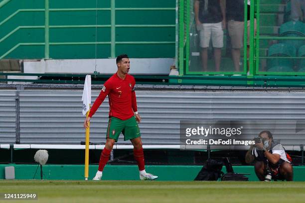 Cristiano Ronaldo of Portugal celebrates after scoring his team's second goal during the UEFA Nations League League A Group 2 match between Portugal...