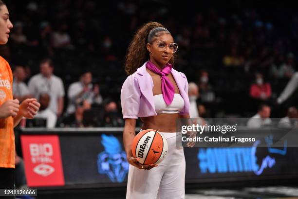 DiDi Richards of the New York Liberty looks on before the game against the Minnesota Lynx on June 5, 2022 at the Barclays Center in Brooklyn, New...