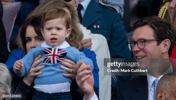 Jack Brooksbank, Princess Eugenie and August Philip Hawke Brooksbank attend the Platinum Pageant on The Mall on June 5, 2022 in London, England. The...