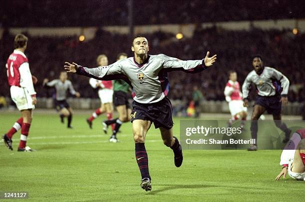 Luis Enrique of Barcelona celebrates his 15th minute goal during the Champions League Group B match against Arsenal played at Wembley Stadium,...