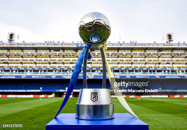 The Copa de la Liga 2022 trophy is displayed ahead of the match between Boca Juniors and Arsenal as part of the opening round of Liga Profesional...