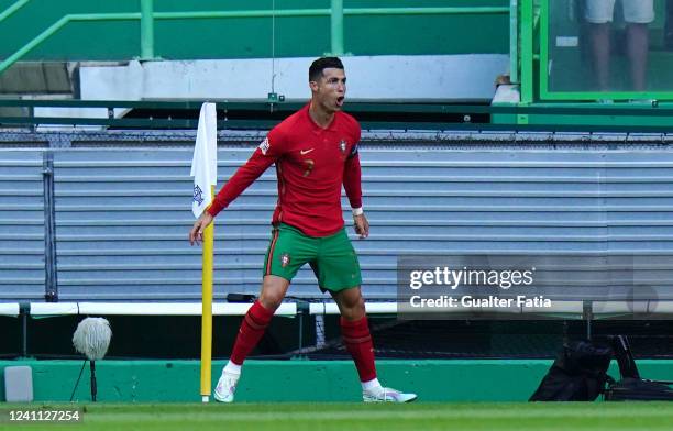 Cristiano Ronaldo of Manchester United and Portugal celebrates after scoring a goal during the UEFA Nations League - Group 2 match between Portugal...