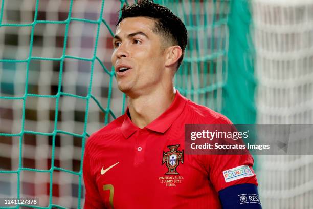 Cristiano Ronaldo of Portugal during the UEFA Nations league match between Portugal v Switzerland at the Estadio Jose Alvalade on June 5, 2022 in...