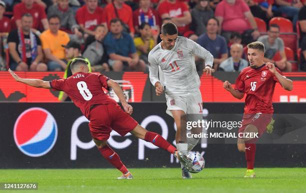 Czech Republic's midfielder Jakub Pesek and Czech Republic's midfielder Michal Sadilek vie for the ball with Spain's forward Ferran Torres during the...