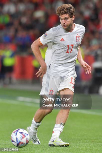 Spain's defender Marcos Alonso Mendoza plays the ball during the UEFA Nations League - League A Group 2 football match between Czech Republic and...