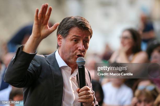 The leader and president of the "Movimento 5 Stelle" political party, Giuseppe Conte, during a political demonstration for the local elections.