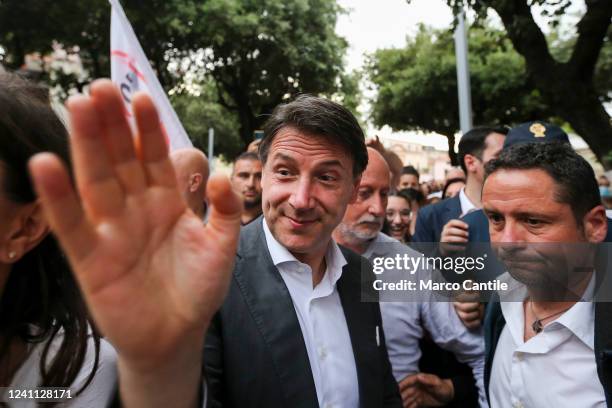 The leader and president of the "Movimento 5 Stelle" political party, Giuseppe Conte, arrives among the crowd of supporters at a political...