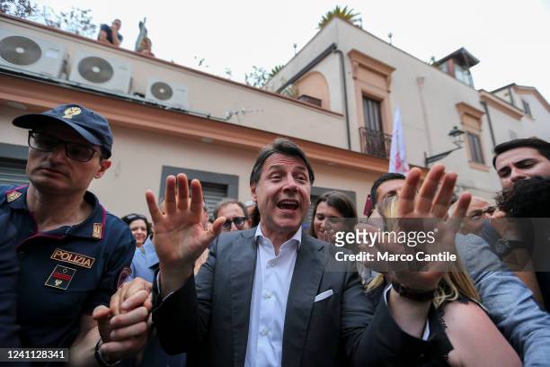 The leader and president of the "Movimento 5 Stelle" political party, Giuseppe Conte, arrives among the crowd of supporters at a political...