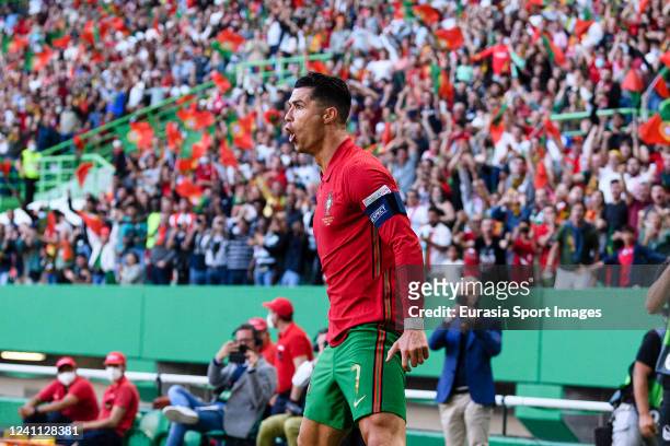 Cristiano Ronaldo of Portugal celebrates his goal during the UEFA Nations League League A Group 2 match between Portugal and Switzerland at Estadio...