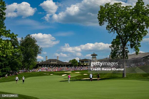 Scenic view as Rory McIlroy of Northern Ireland plays his approach shot from the 18th hole fairway during the final round of the Memorial Tournament...