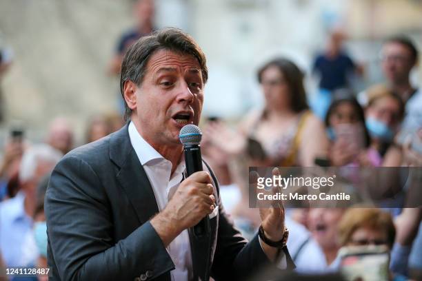 The leader and president of the "Movimento 5 Stelle" political party, Giuseppe Conte, during a political demonstration for the local elections.