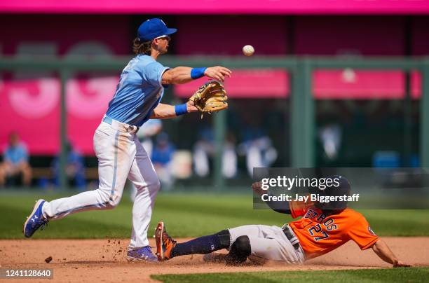 Bobby Witt Jr. #7 of the Kansas City Royals throws to first base after forcing out Jose Altuve of the Houston Astros during the ninth inning at...