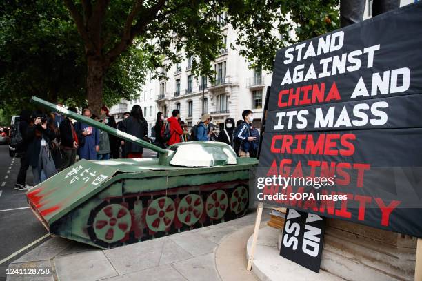 View of a symbolic Chinese army tank during the Tiananmen Remembrance Vigil Rally to mark the 33rd anniversary of the 1989 pro-democracy movement and...