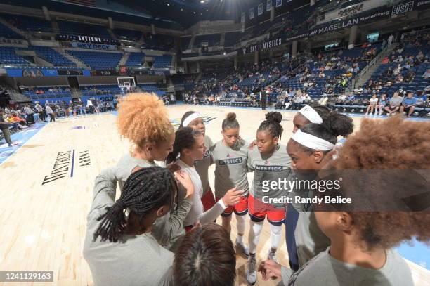 Washington Mystics huddle before the game against the Chicago Sky on June 5, 2022 at the Wintrust Arena in Chicago, Illinois. NOTE TO USER: User...
