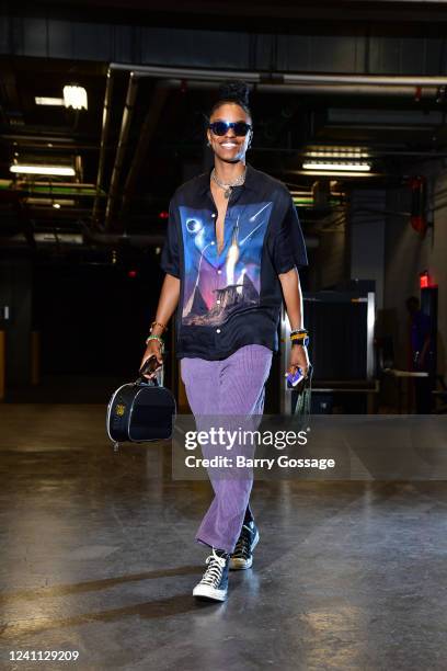 Diamond DeShields of the Phoenix Mercury arrives to the arena before the game against the Los Angeles Sparks on June 5, 2022 at Footprint Center in...