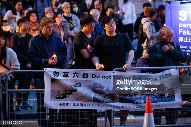 Banner that reads 'Do not forget 4th June 1989' seen during the Tiananmen Remembrance Vigil Rally to mark the 33rd anniversary of the 1989...