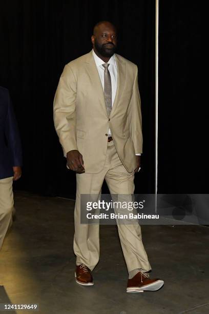 Analyst, Shaquille O'Neal arrives to the arena before Game Two of the 2022 NBA Finals between the Boston Celtics and the Golden State Warriors on...