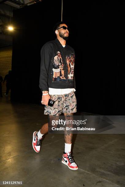Jayson Tatum of the Boston Celtics arrives to the arena before Game Two of the 2022 NBA Finals against the Golden State Warriors on June 5, 2022 at...