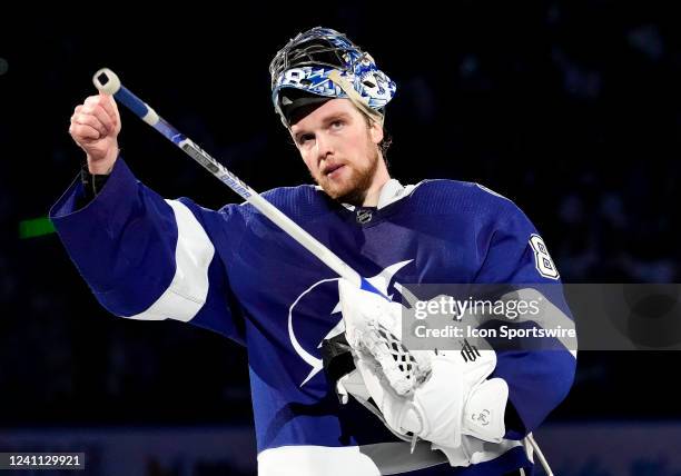 Tampa Bay Lightning goaltender Andrei Vasilevskiy celebrates the in during the NHL Hockey Eastern Conference Finals Game 3 of the Stanley Cup...