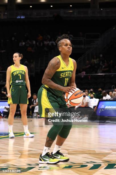 Epiphanny Prince of the Seattle Storm prepares to shoot a free throw during the game against the Connecticut Sun on June 5, 2022 at the Climate...