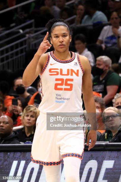 Alyssa Thomas of the Connecticut Sun looks on during the game against the Seattle Storm on June 5, 2022 at the Climate Pledge Arena in Seattle,...