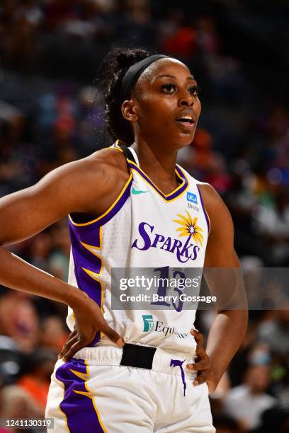 Chiney Ogwumike of the Los Angeles Sparks looks on during the game against the Phoenix Mercury on June 5, 2022 at Footprint Center in Phoenix,...