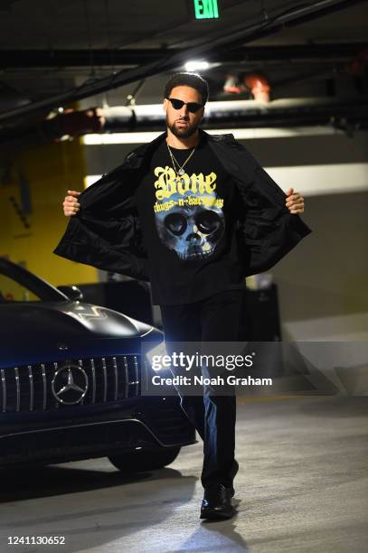 Klay Thompson of the Golden State Warriors arrives to the arena before Game Two of the 2022 NBA Finals on June 5, 2022 at Chase Center in San...