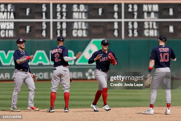 The Boston Red Sox celebrate their win against the Oakland Athletics in the ninth inning at RingCentral Coliseum on June 5, 2022 in Oakland,...