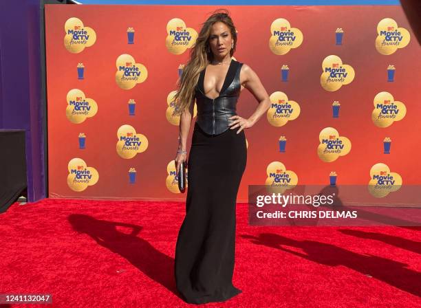 Singer Jennifer Lopez arrives for the MTV Movie and TV Awards at the Barker Hangar in Santa Monica, California, June 5, 2022.