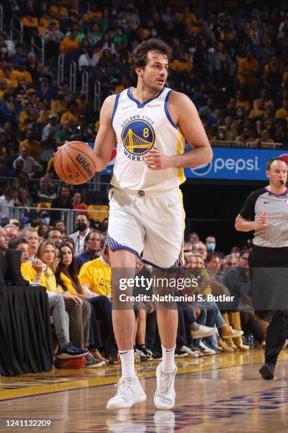 Nemanja Bjelica of the Golden State Warriors dribbles the ball against the Boston Celtics during Game Two of the 2022 NBA Finals on June 5, 2022 at...
