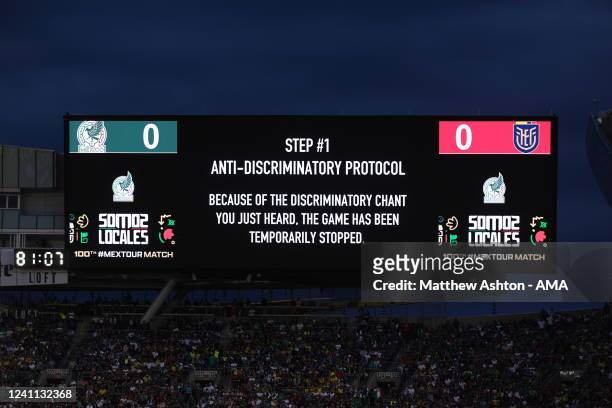 The stadium scoreboard announces that the game is suspended because of fans chanting anti-discriminatory words during an International Friendly game...